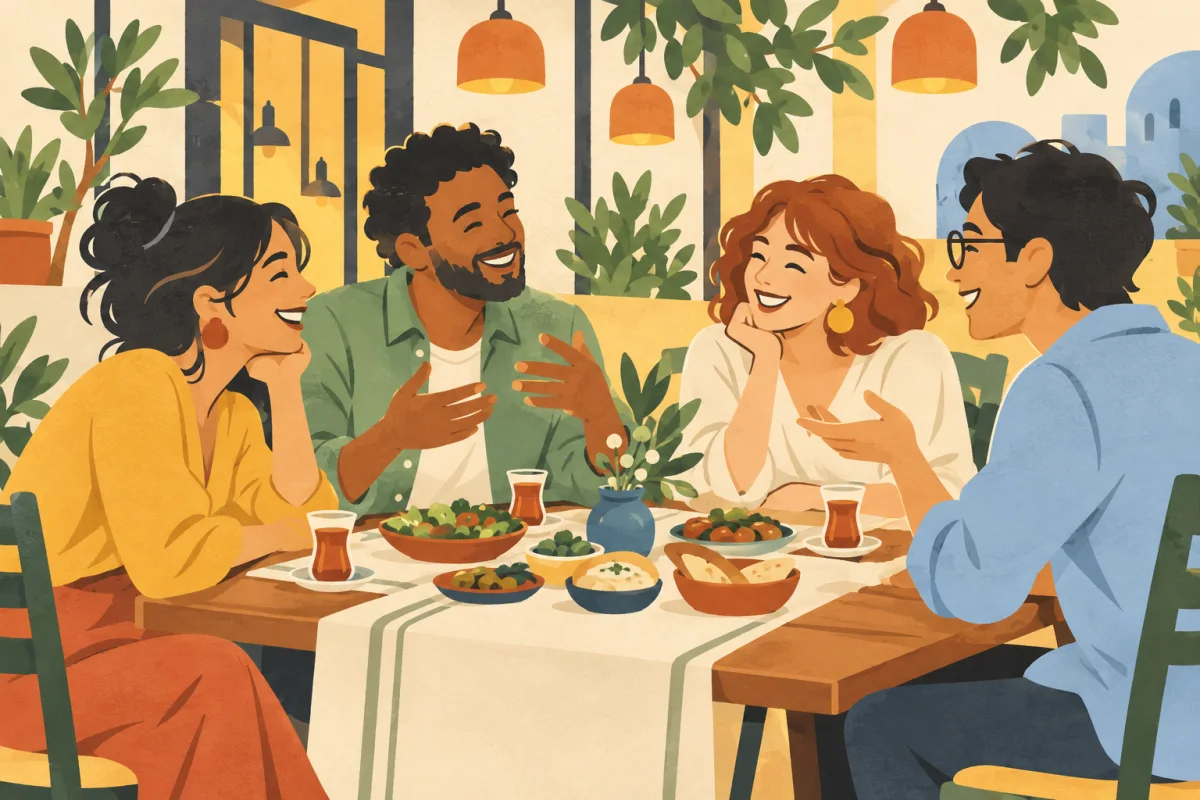懇親会のイメージイラスト。食卓を囲み、参加者同士で笑顔で会話を楽しむ様子